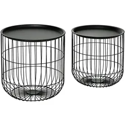 STILVORA 2er Set Couchtisch rund Schwarz 40x40x40  nestbar mit abnehmbarer Tablettplatte Stauraumkorb aus pulverbeschichtetem Stahl für Wohnzimmer