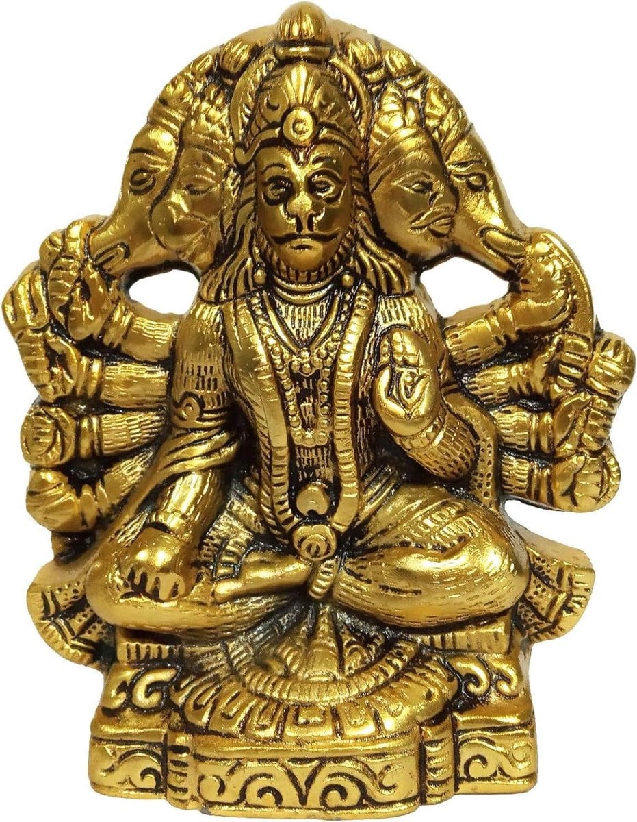 Goudkleurig Hanuman Beeld met Vijf Gezichten - Metalen Muurdecoratie - Hoogte: 12,7 cm