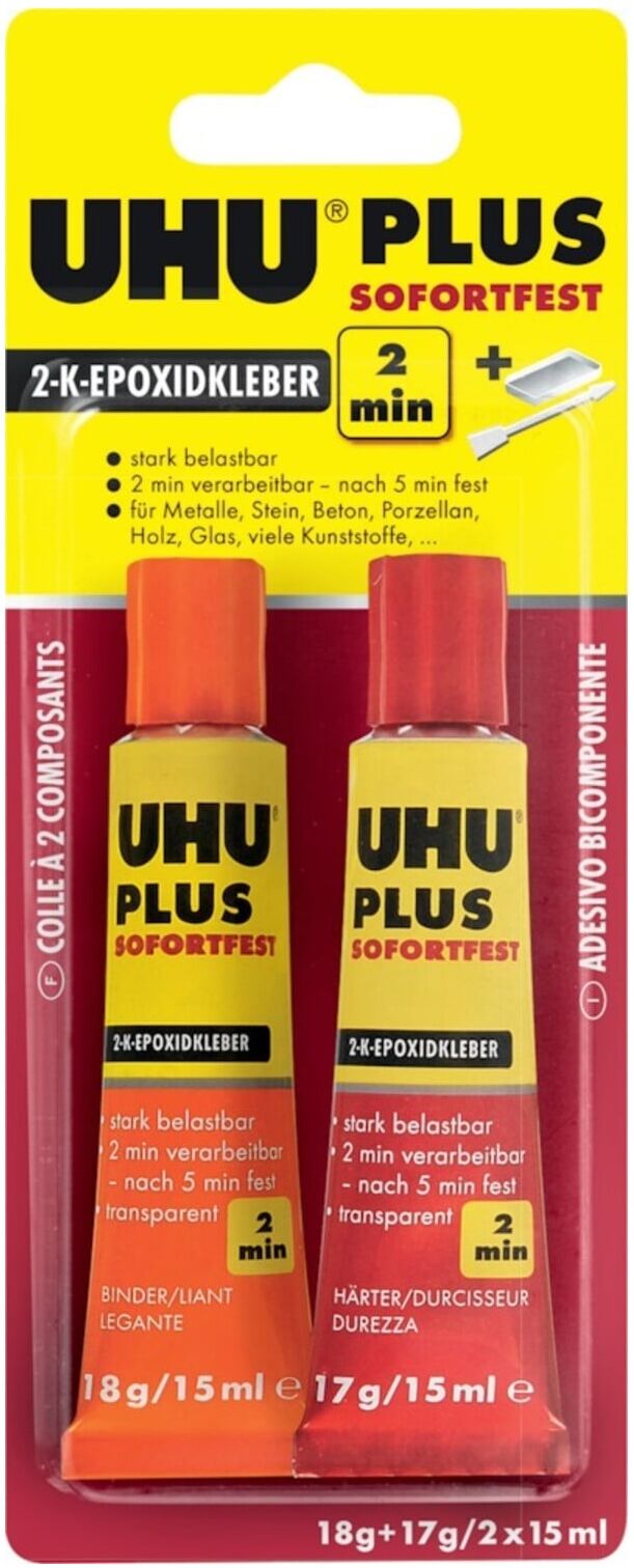 UHU 2-Komponentenepoxidkleber PLUS SOFORTFEST SB-Karte mit Tuben Binder 18g Härter (45705)