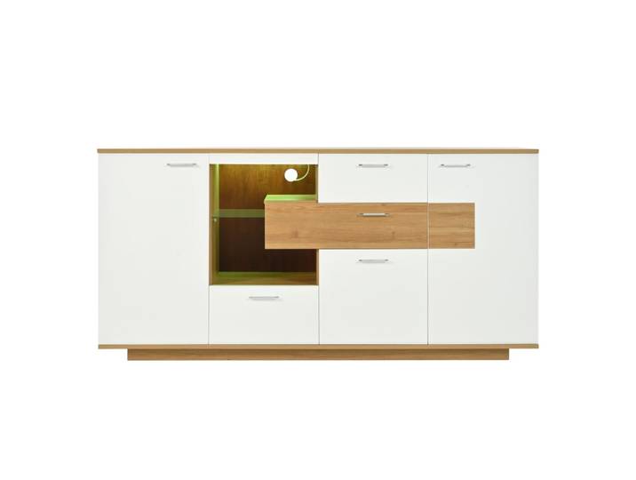 Buffet Bas Design Blanc et Chêne avec Éclairage LED