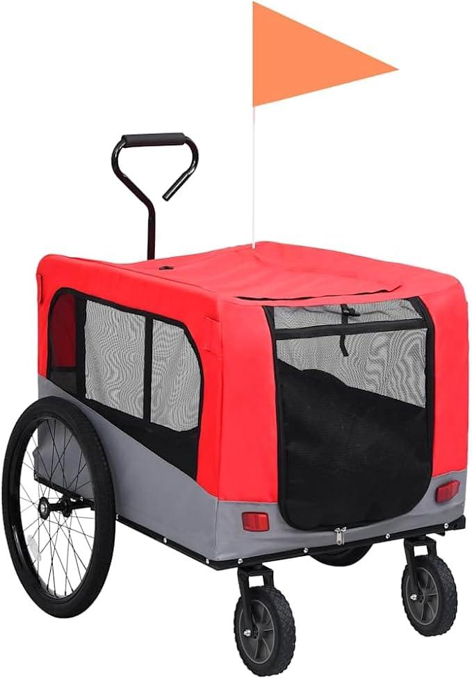 2-in-1 Fahrradanhänger für Hunde und Buggy Rot und Grau Transportwagen für Hunde und Katzen,leicht,sicher,große Kapazität atmungsaktiv,für Ausflüge und Reisen