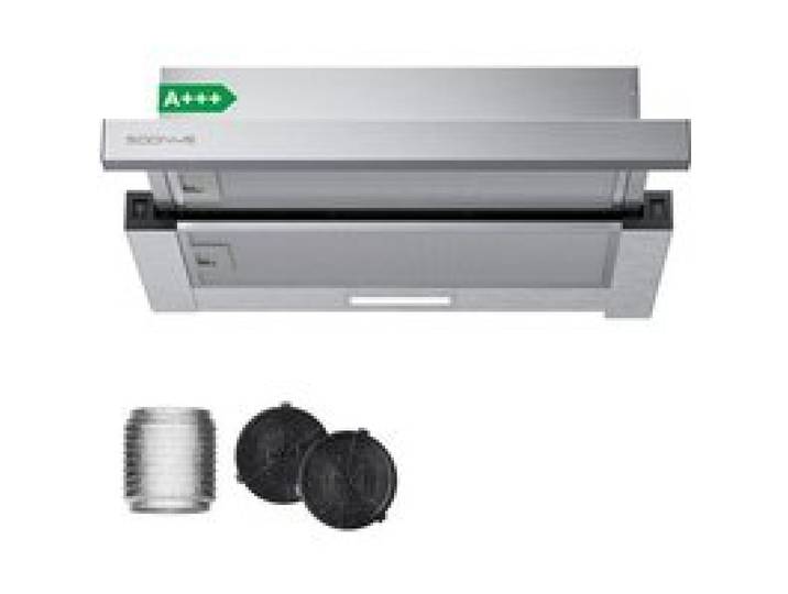 SOONYE Hotte Tiroir Télescopique 60 cm Inox - 380 m³/h - Classe A - Évacuation/Recyclage - 3 Vitesses - Charbon Inclus