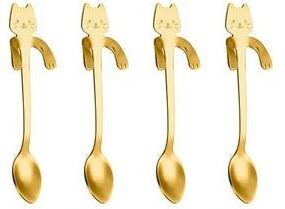 KitchenNation Stainless Steel Cat Spoon, Creative Cartoon Hanging Edge Spoon, Cute Coffee Spoon, Gold plated Stirring Spoon For Tea gold