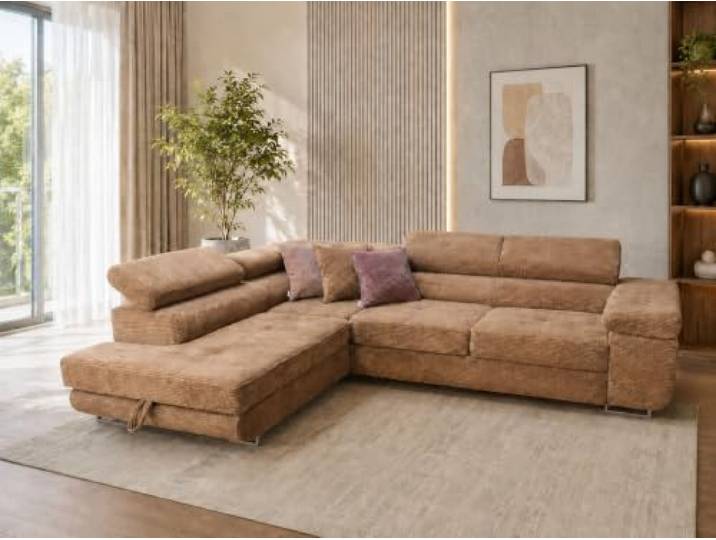 KMK GNYCH Sofa Aston 275x202x90 cm, Schlaffunktion, Hellbraun, Links L-Form Ecksofa, Modern Couch mit Bettkasten, Weiches Sofa fürs Wohnzimmer, Schlafsofa, Eleganter Lincoln Stoff