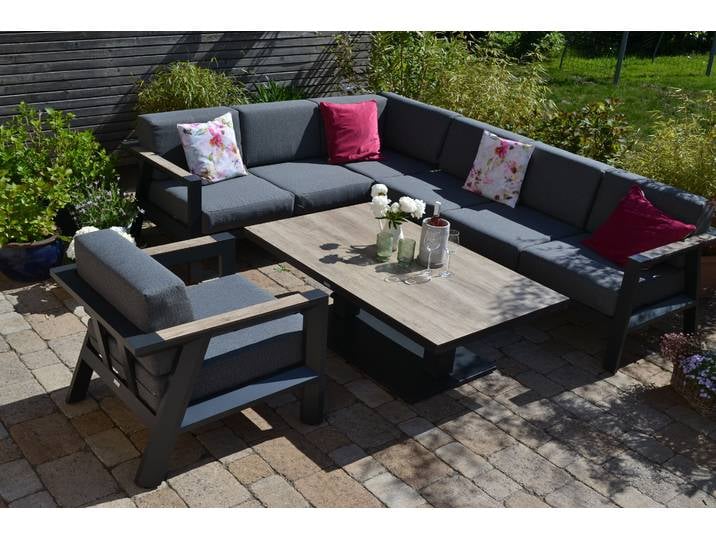 elegante Gartenlounge Lucia + 1 großer Lounge Sessel mit höhenverstellbarem Lifttisch - Tischplatte wetterfestes HPL - Gartenloungeset