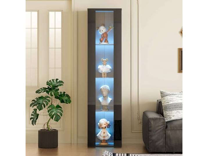 Merax Vitrine 40x29x170cm, Multifunktionale Glasvitrine mit LED-Farbwechsellicht, Fernbedienung/App-Steuerung, Acrylplatte, 4 Ausstellungsflächen, Modernes Design, Einfach zu montieren, Schwarz