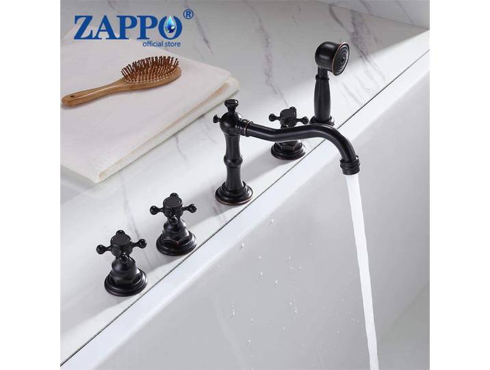 ZAPPO ORB Ensemble de robinets de baignoire noirs, système de douche de baignoire vintage 5 pièces avec douchette à main, mitigeur d'eau froide et chaude à poignée croisée