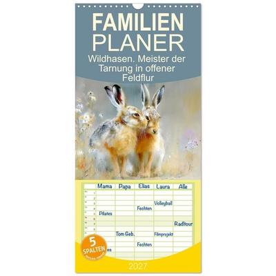Familienplaner 2027 - Wildhasen. Meister der Tarnung in offener Feldflur mit 5 Spalten (Wandkalender, 21 x 45 cm) CALVENDO