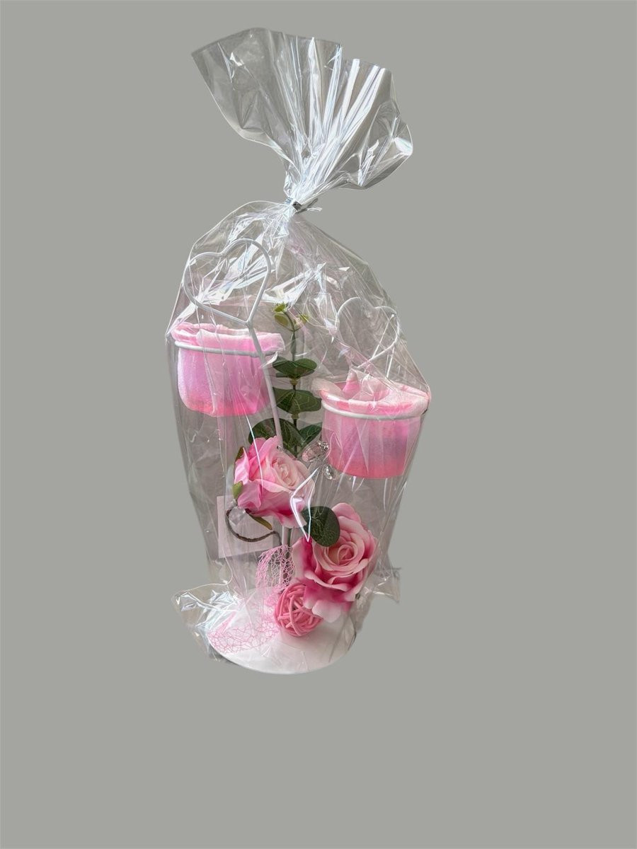 Mel-O-Design Metalen decoratie hart met roze rozen en theelichthouder