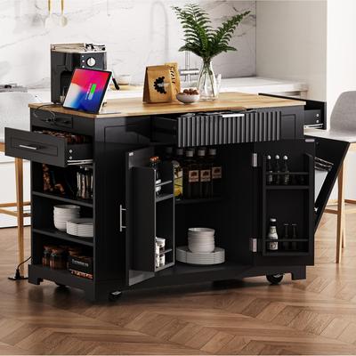 Cusp Barn "48"" Kitchen Island with 3 Drawer, Rolling Kitchen Carts on 5 Wheels with Trash Can Storage Cabinet for 10 Gallon Garbage Bin"