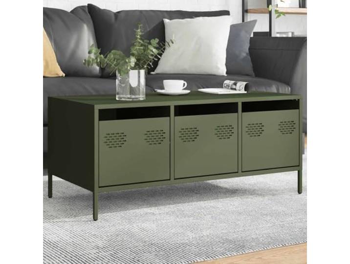 HEFZGDB Industrie-Stil Couchtisch Olivgrün 101,5x50x43,5 cm aus Kaltgewalztem Stahl mit Verstellbaren Beinen und Praktischer Tür für Stauraum