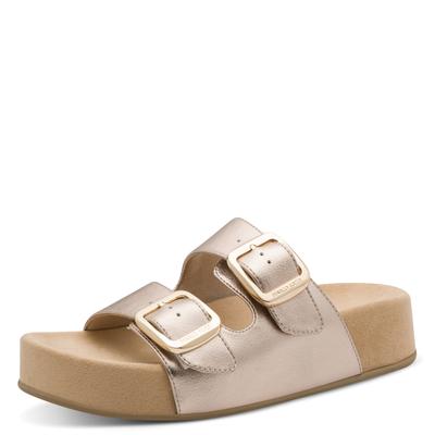 Pantolette MARCO TOZZI "CAPRIA", Damen, Gr. 39, Textil, platin, Lederimitat, glänzend, unifarben, Schuhe Pantolette, Sommerschuh, Schlüpfschuh mit Logoprägung in den Schnallen