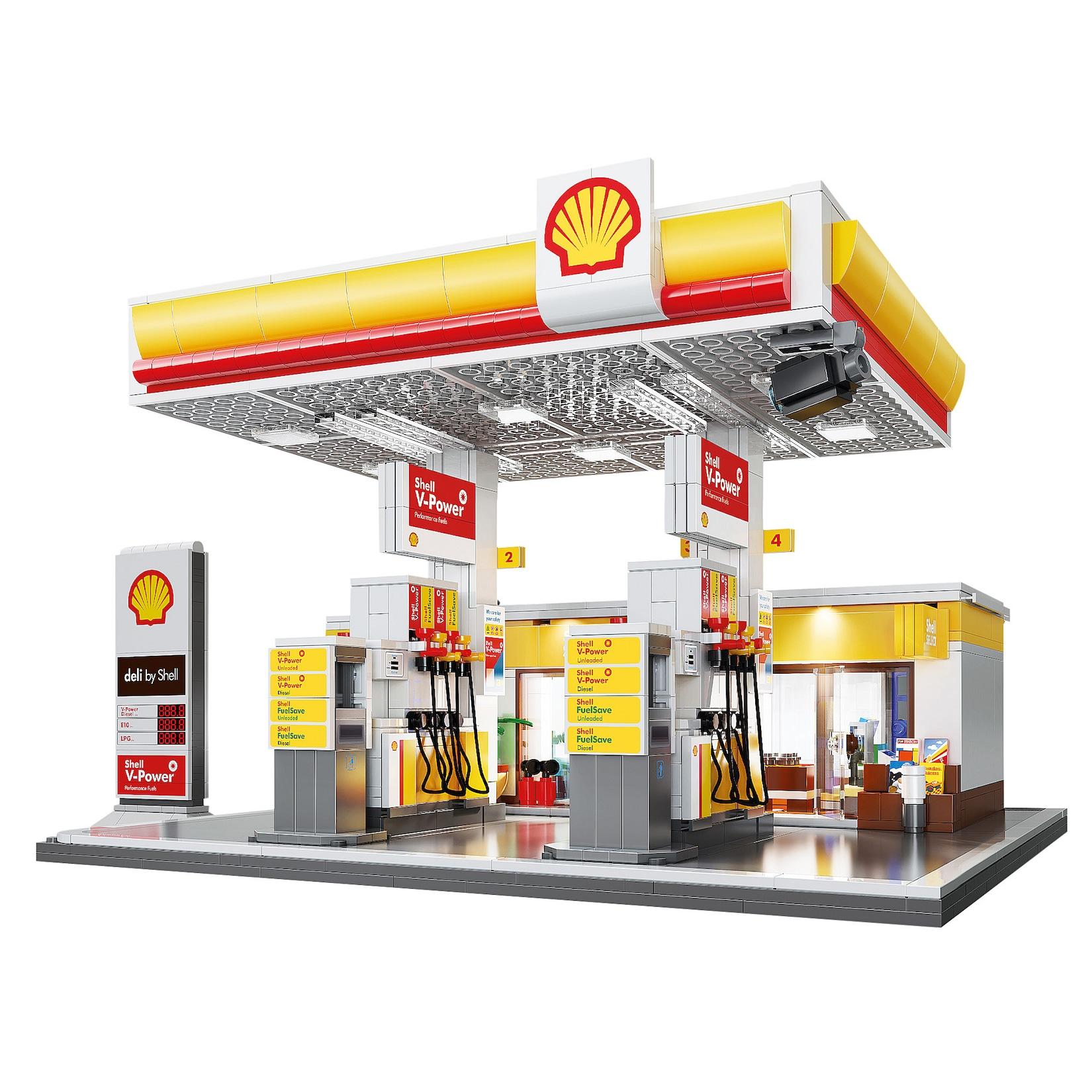 JAMARA-402857 CaDA Shell Tankstelle mit Shop und Waschanlage 1:30 Bricks