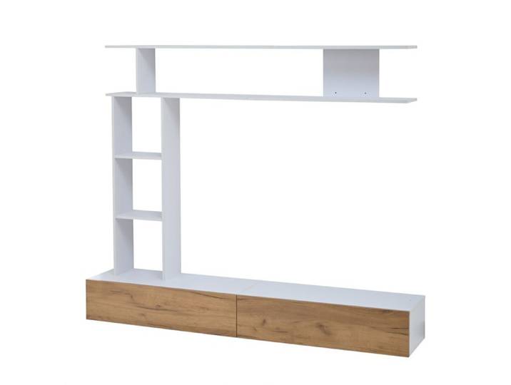 Ensemble mural TV 180 cm – Meuble TV et étagères ouvertes – Blanc et décor bois