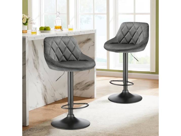 Tabouret de Bar - HOMEWELL - YIPEEMA - Velours Gris Foncé - Hauteur Réglable - Lot de 2