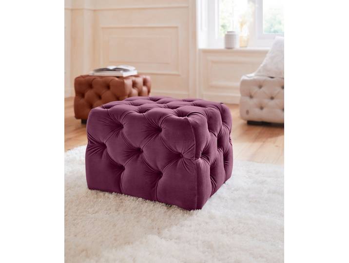 Polsterhocker, Samtoptik, Lila (Aubergine), 65×55 cm, Chesterfield-Design, Klassisch, Home Affaire