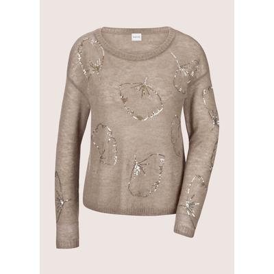 Longpullover MADELEINE "Strickpullover Glanzpullover mit Ginkgo-Design und Pailletten", Damen, Gr. 40/42, beige (cappuccino), Obermaterial: 55% Polyamid Polyam.recyc. 36% Schurwolle WV. 9% Alpaka WP., Modern, normal, U-Boot-Ausschnitt, Pullover...