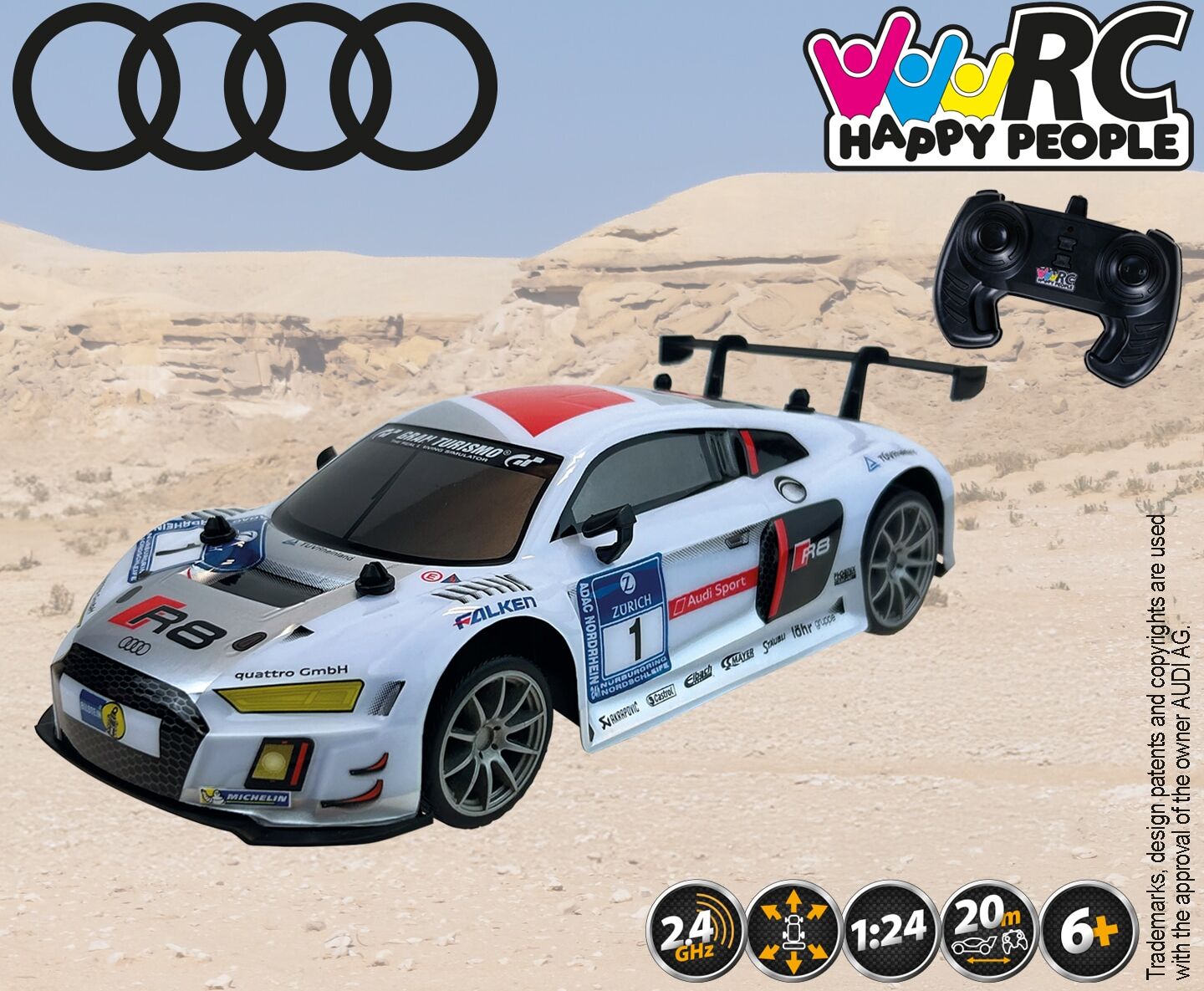 RC-Auto HAPPY PEOPLE "AUDI R8; 2,4GHz", weiß (bunt), Fernlenkfahrzeuge, Kinder, RC-Auto