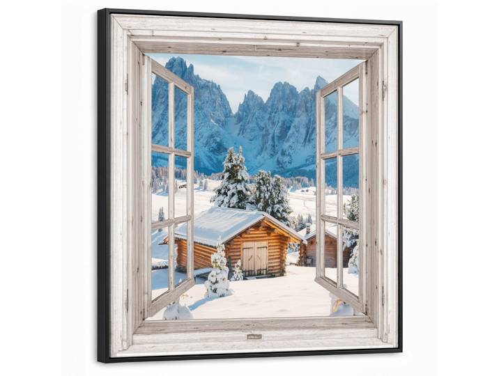 LEINWAND Bilder mit Rahmen - Winterlandschaft - Hütte - Berge - Ausblicke - Aussicht - Natur - 90x90