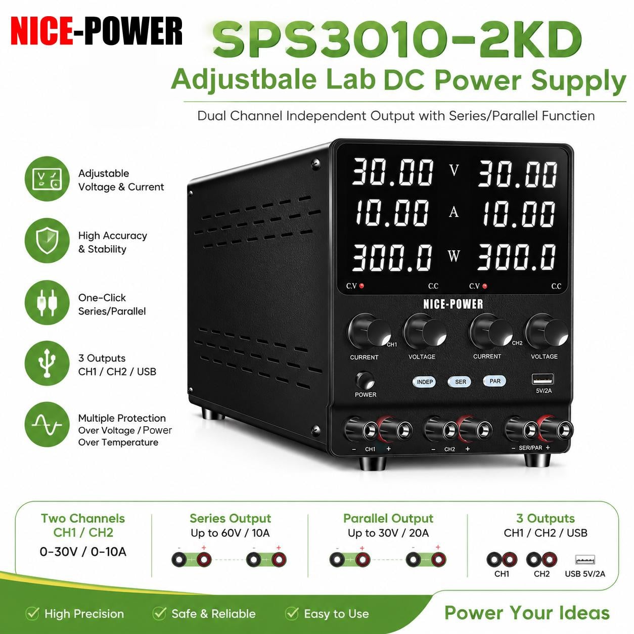 Selius DC Voeding 60V 5A Dual Channel Regelbare Laboratoriumvoeding voor Elektronica Testen