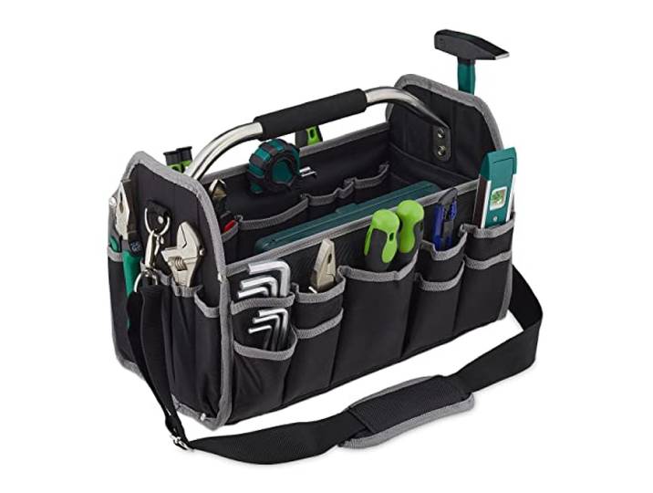 Relaxdays Werkzeugtasche, leer, Schultergurt & Tragegriff, offene Tragetasche für Werkzeug, HBT 30 x 42 x 23 cm, schwarz
