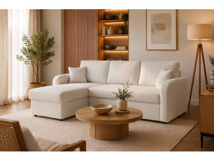 Labett Ecksofa BOSTON Universelles Ecksofa mit Schlaffunktion und Bettkasten – Ecru, Made in EU, Universelles Ecksofa