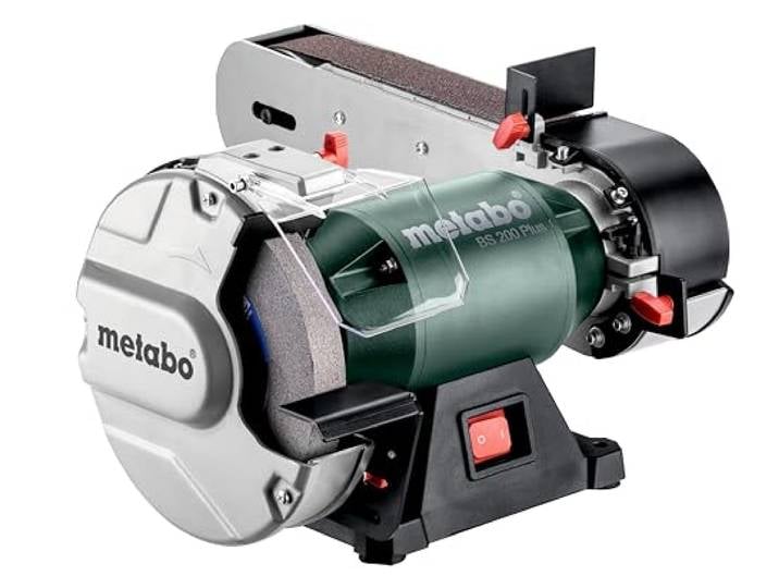 metabo BS 200 Plus Schleifmaschine, Elektrisch, Schärfgerät Holzschleifer Schleifbock Kombimaschine mit Absaugung zum Entrosten, Messer Schärfmaschine, inkl. Schleifscheibe, Band & Zubehör