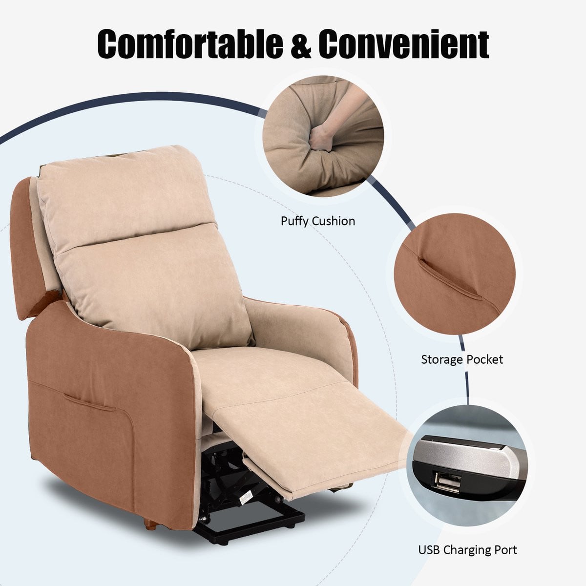 COMHOMA Elektrische Massagestoel met Power Lift en USB - Beige Stof