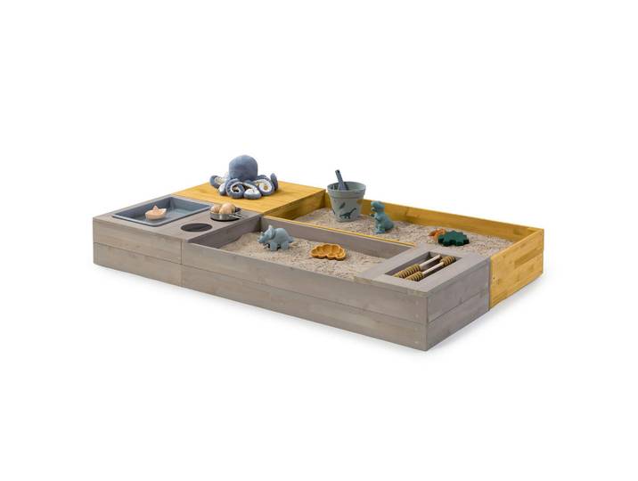 Muddy Buddy Sandkasten, Grau, Dunkelgelb, Holz, Zypresse, massiv, 90x20x150 cm, EN 71, Sitzfläche, mit Holzschutz vorbehandelt, Freizeit & Co, Gartenspielzeug, Sandkästen