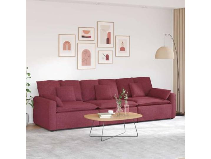 Modulares Sofa mit Kissen Weinrot, 3 Teile, Metallrahmen, Textilene Stoffpolsterung, Schaumstofffüllung, Holzarmlehnen, flexible Konfiguration, großzügige Sitzfläche, elegantes Design