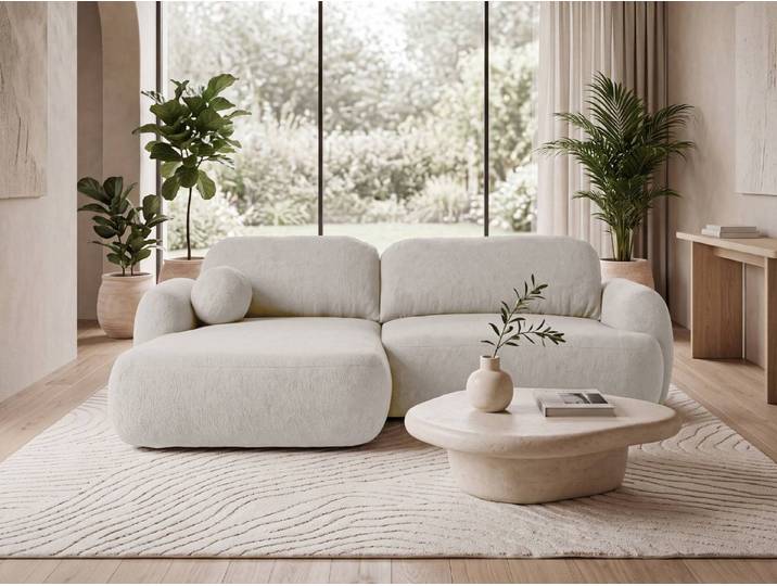 yourhouse24 Ecksofa OLLY in Bouclé mit Schlaffunktion & Bettkasten – Abgerundetes Design