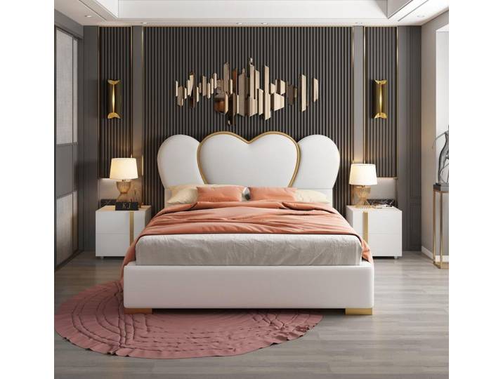 JVmoebel Polsterbett Weißes Lederdoppelbett im modernen Hotel-Stil mit Holzgestell (Bett), Made in Europa