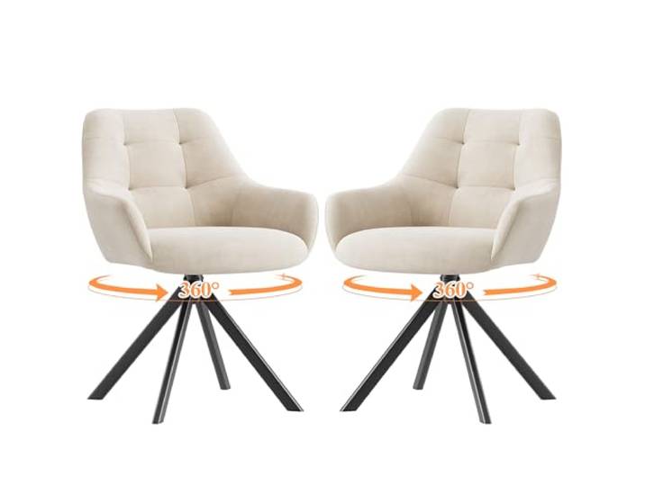 MALOL Drehbare Esszimmerstühle 2er Set, 360° Drehbare Armlehnstühle mit weichem Florstoff & Metallgestell, Bequeme Esszimmerstühle Drehbar mit Rückenlehne für Küche, Esszimmer, Büro, Beige