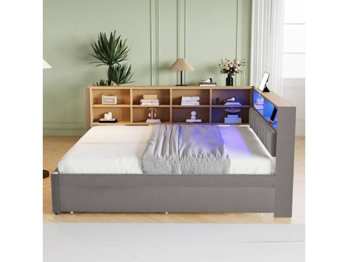 Canapé‑lit - KOMHTOM - Convertible 140x200 - Lit gigogne 90x190 - LED intégrée - Rangements & prises