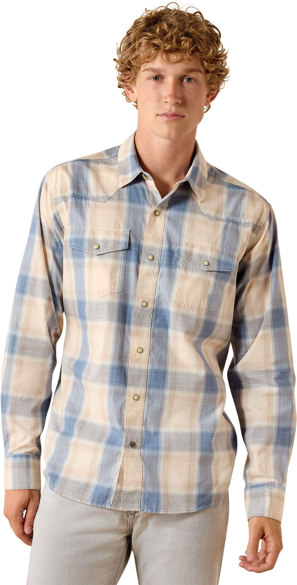 Men's Retro Horace Fitted Snap Shirt in Sandshell Plaid Cotton, Size: Large by Ariat