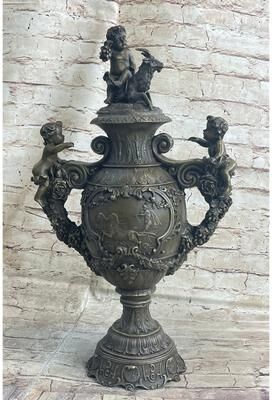 Bronzhaus Neoclassical Bronze Urn Sculpture Statue Vintage Style Cherubim Chariot Grapes 20 Inches X 12 Inches