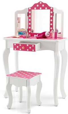 Kid Vanity Set Wooden Makeup Table Stool Tri-Folding Mirror Pink