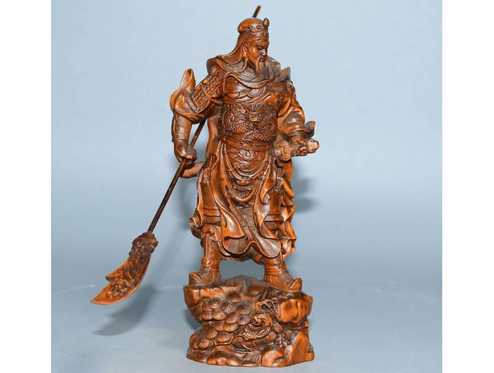 6 Xizang Collection folklorique vieux buis Guan Yu Dragon motif couteau Guan Yunchang dieu de la richesse salle de culte maison de ville