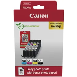 Canon Original CLI-581 Druckerpatronen Value Pack - 1 x schwarz / je 1 x CMY + 50 Blatt Fotopapier (2106C006)