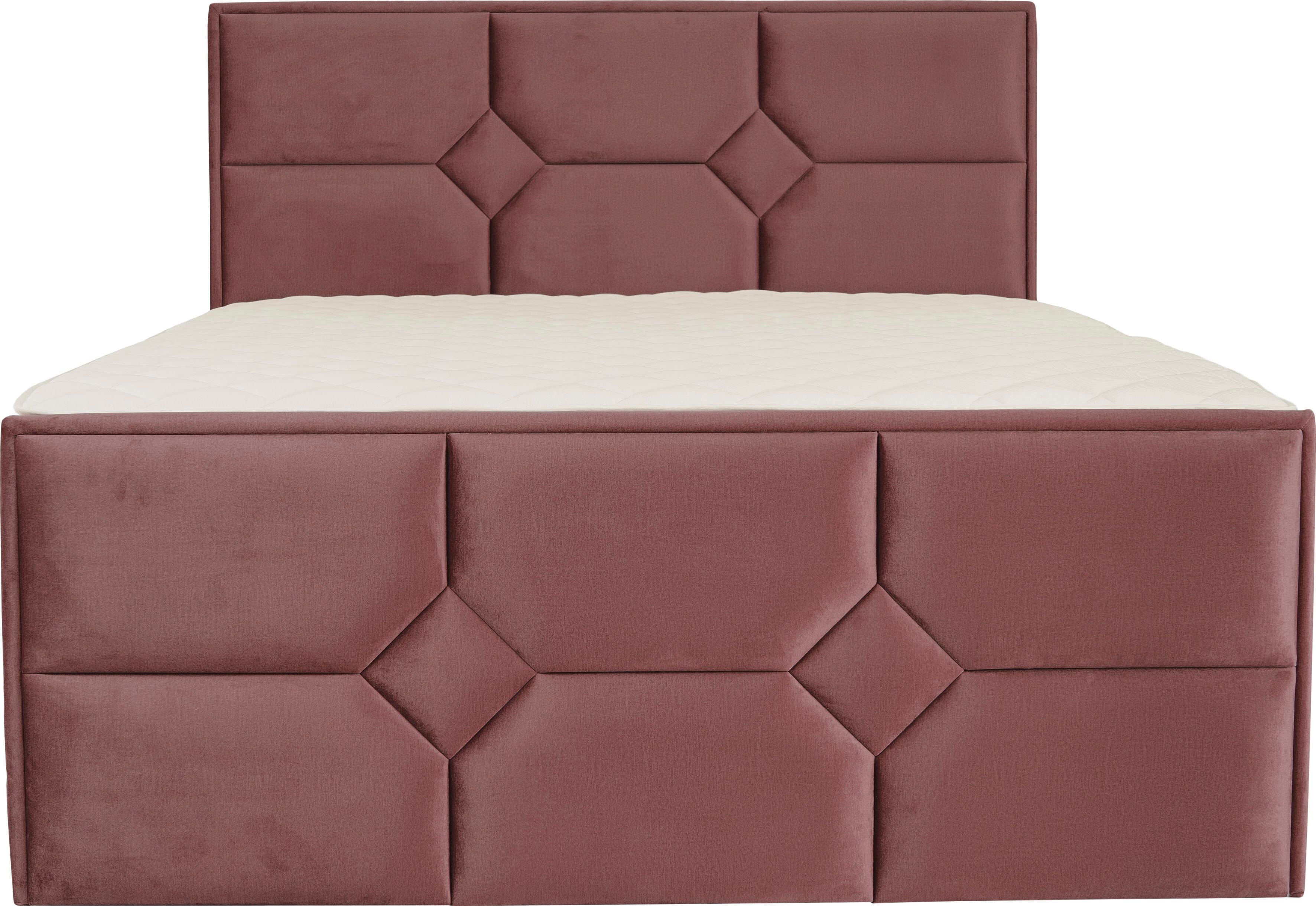 Boxspringbett HOME AFFAIRE "Ambre", rot (burgunderrot), B:161cm L:210cm, Komplettbetten, Boxspringbett, mit Taschen-Federkernmatratze burgunderrot Samtvelours Holz teilmassiv, Liegefläche B/L: 160cm x 200cm, H2 + H2, Taschen-Federkernmatratze