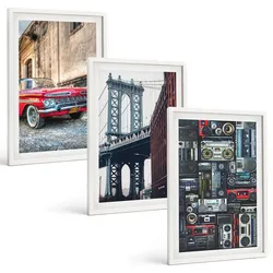 BILDER SET 3er Set - 40x60 cm Weißer Rahmen - Alte Autobrücke Brooklyn Retro-Audio