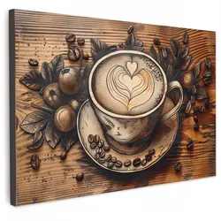 LEINWANDBILD Kaffee - Vintage - Braun - Tasse - Holz Wohnzimmer Groß 120x80 cm