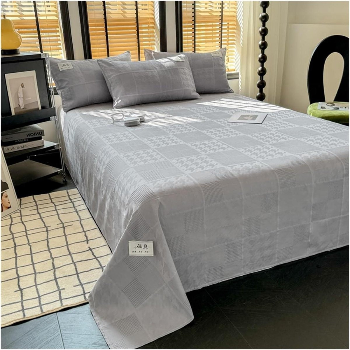 Plat laken van wafel jacquard katoen in lichtgrijs, 240 x 270 cm