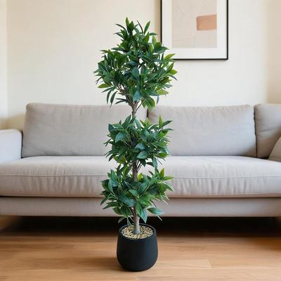 YUN 4ft Artificial Bay Laurel Topiary Tree, 3-Ball Design with White Pot, Realistic Faux Plant