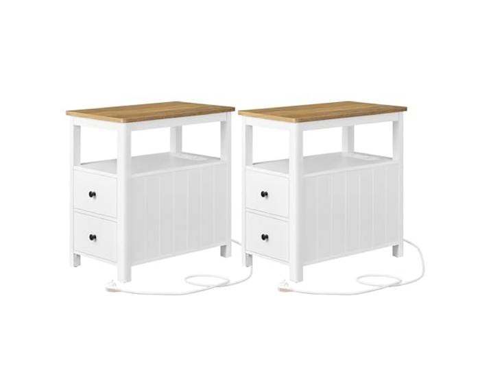 VASAGLE Beistelltisch, 2er Set, schmaler Nachttisch mit Steckdosenleiste Sofatisch mit 2 Schubladen, für kleine Räume, maritimer Stil, walnussbraun-weiß