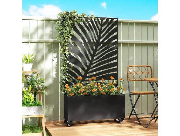 Outsunny Jardinière Treillis Métal 90x30x160cm Noir avec Roulettes