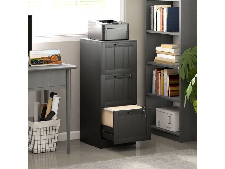HOMCOM Caisson Bureau 3 Tiroirs Serrure Bois Noir 40x40x101cm