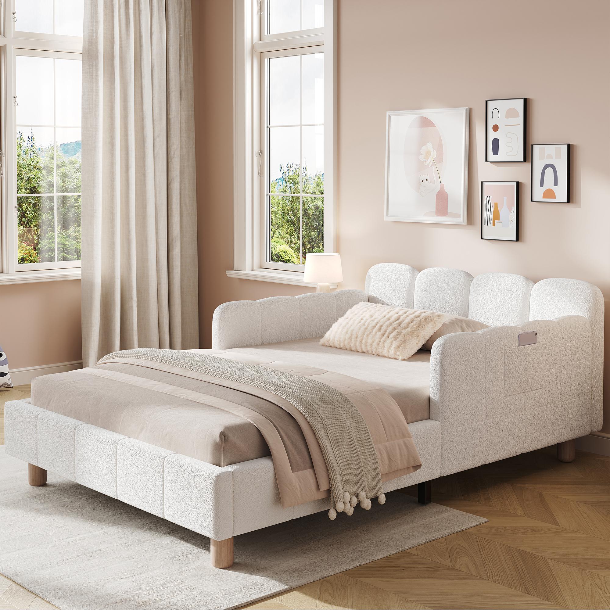 okwish Kinderbett 90x200 mit Matratze Polsterbett mit gepolstertes Kopfteil und Rausfallschutz Einzelbett mit Seitentasche und Massivholz-Bettbeinen Beige