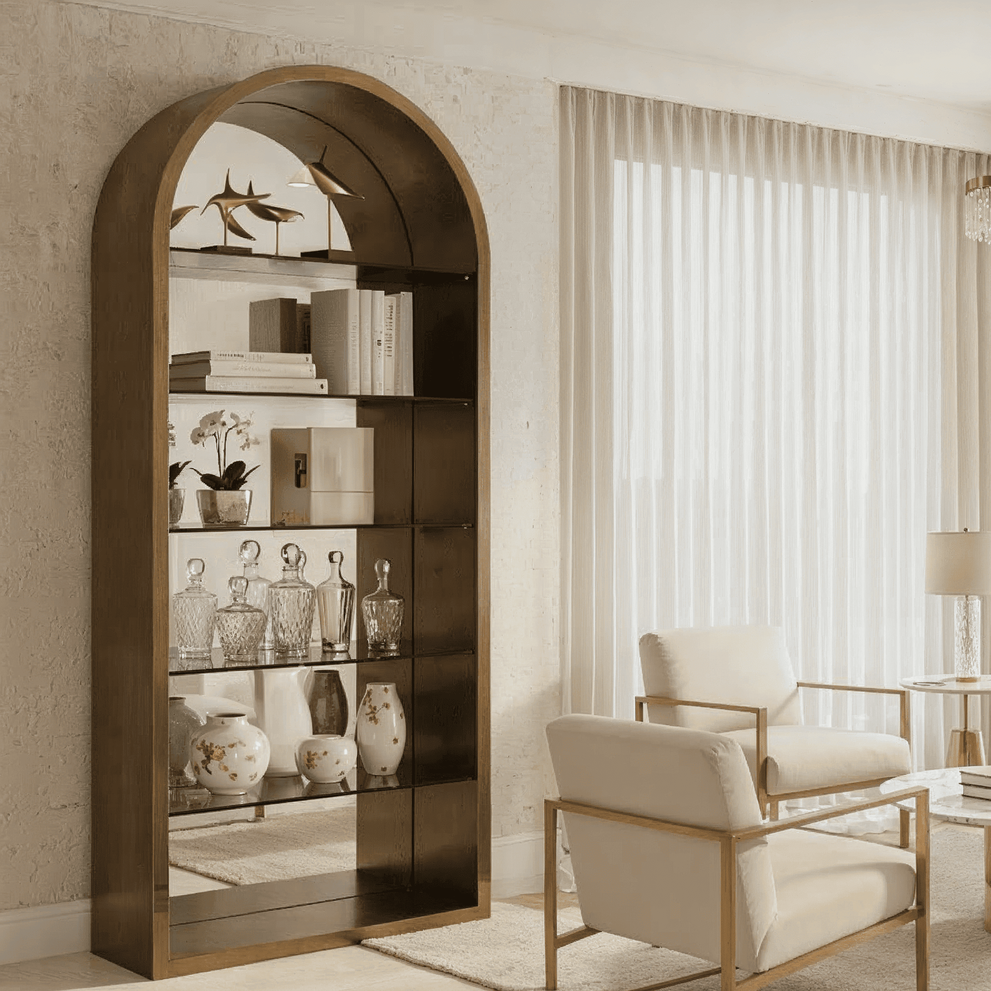Ellie Brushed Gold Mirrored Arched Shelving Unit