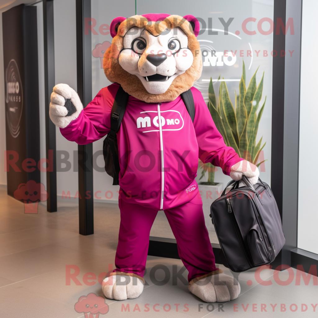 Maskottchenfigur REDBROKOLY eines magentafarbenen Smilodon mit Windjacke und Aktentasche
